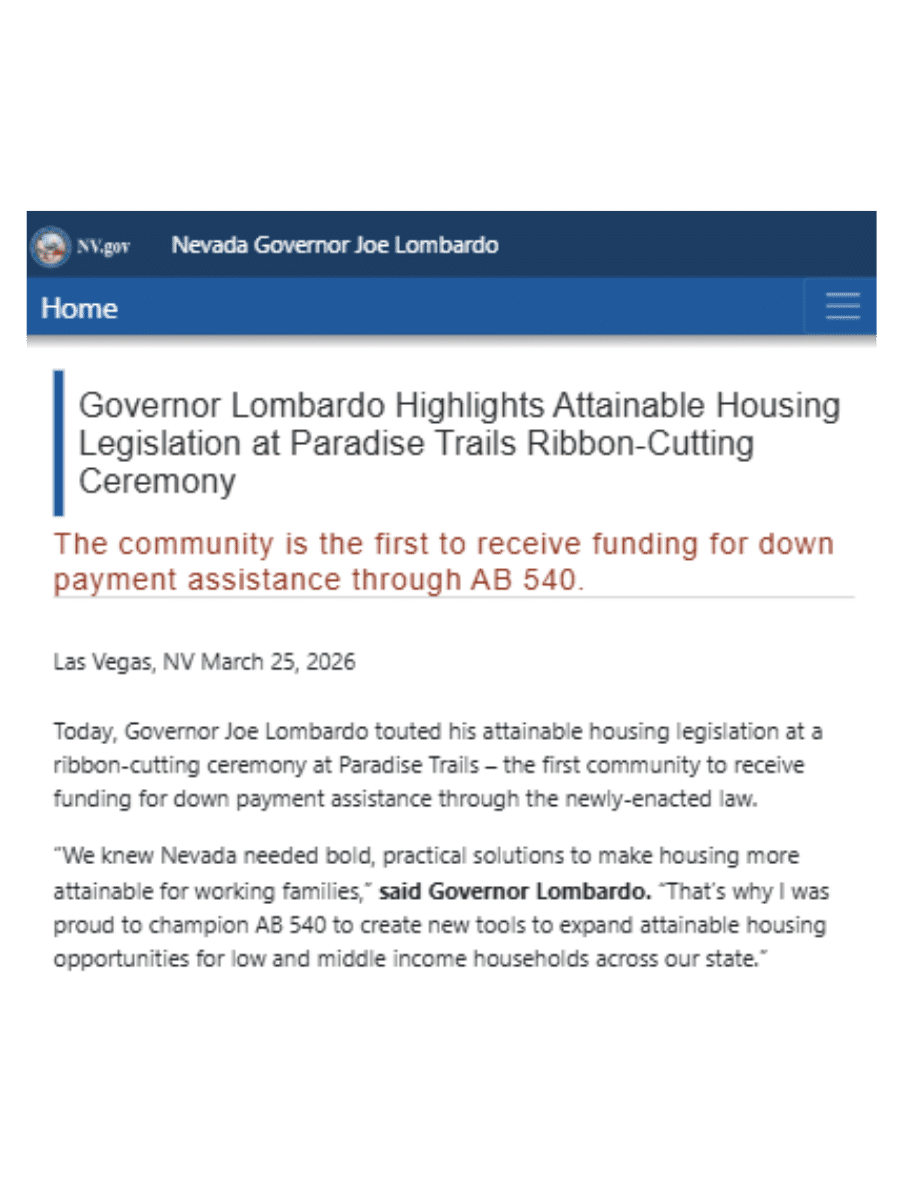 Nevada Governor Joe Lombardo webpage highlighting attainable housing legislation at the Paradise Trails ribbon-cutting ceremony, including details on funding for down payment assistance through AB 540.