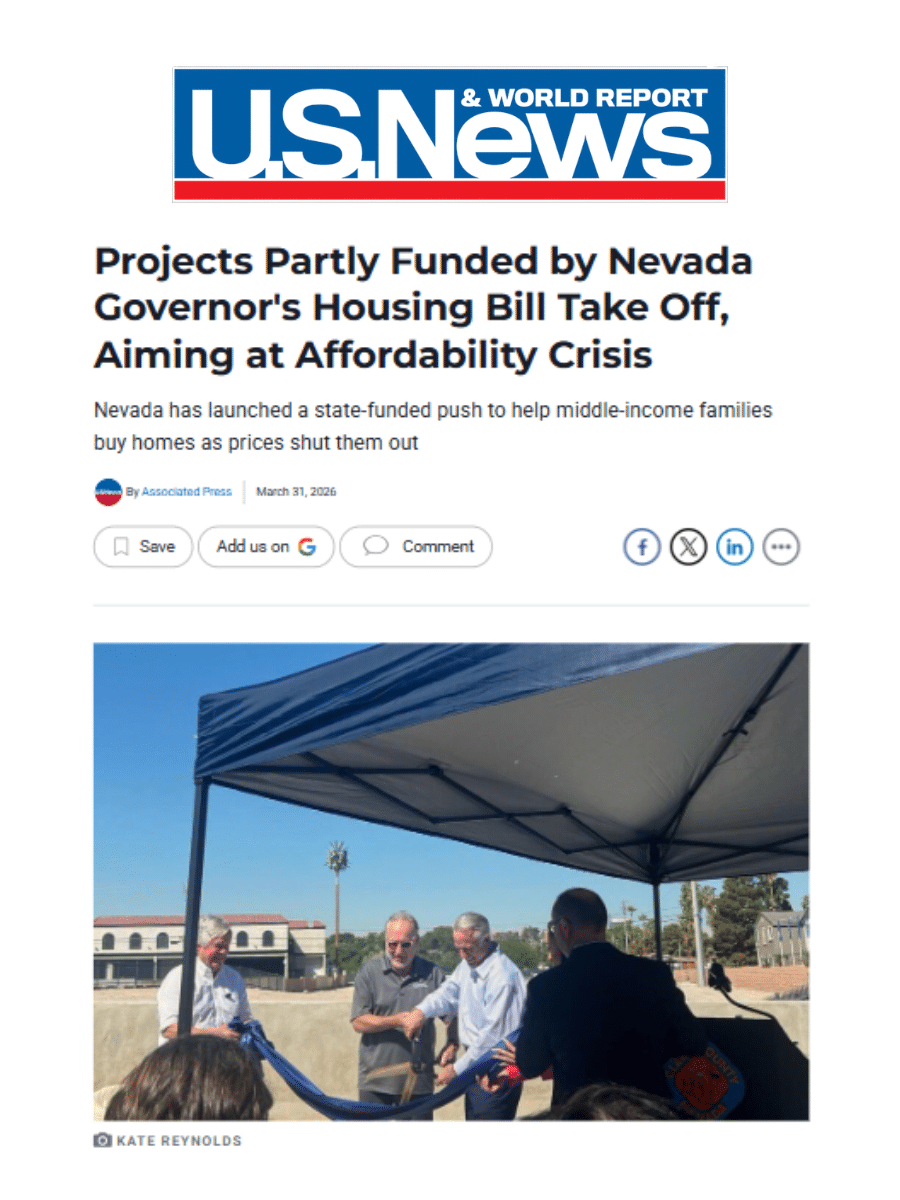 U.S. News & World Report article titled “Projects Partly Funded by Nevada Governor’s Housing Bill Take Off, Aiming at Affordability Crisis,” featuring a ribbon-cutting moment under a canopy at the Paradise Trails community with attendees gathered around speakers.